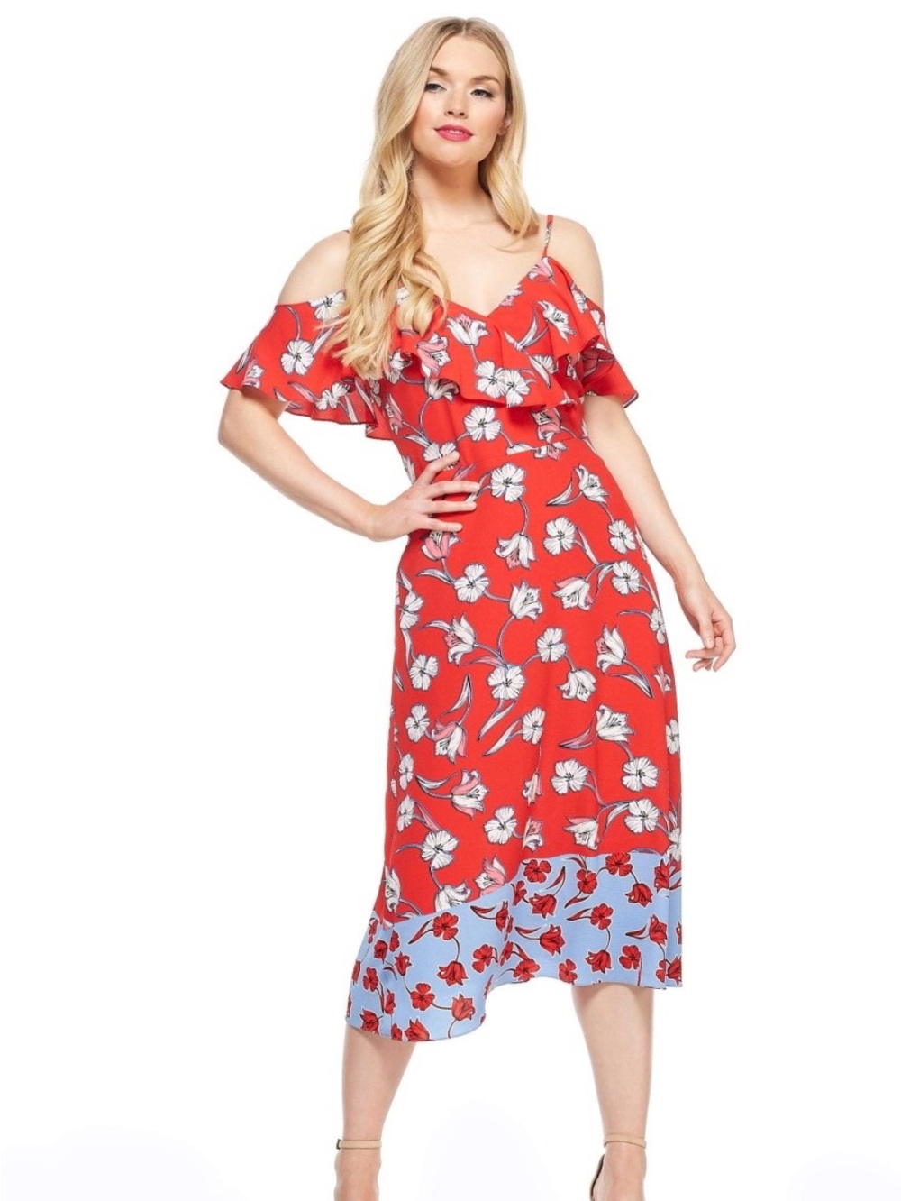 Roz & Ali Red Floral Cold-Shoulder Midi Dress with Blue Hem